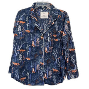 Printfresh Fox & Folklore Pajama Top Navy Blue Flannel Organic Cotton Women sz S